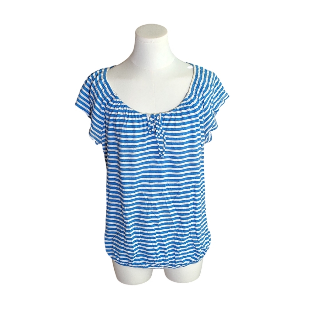 Vintage Old Navy Striped Blue White Ruffle Sleeve Tie Front Blouse Size Medium